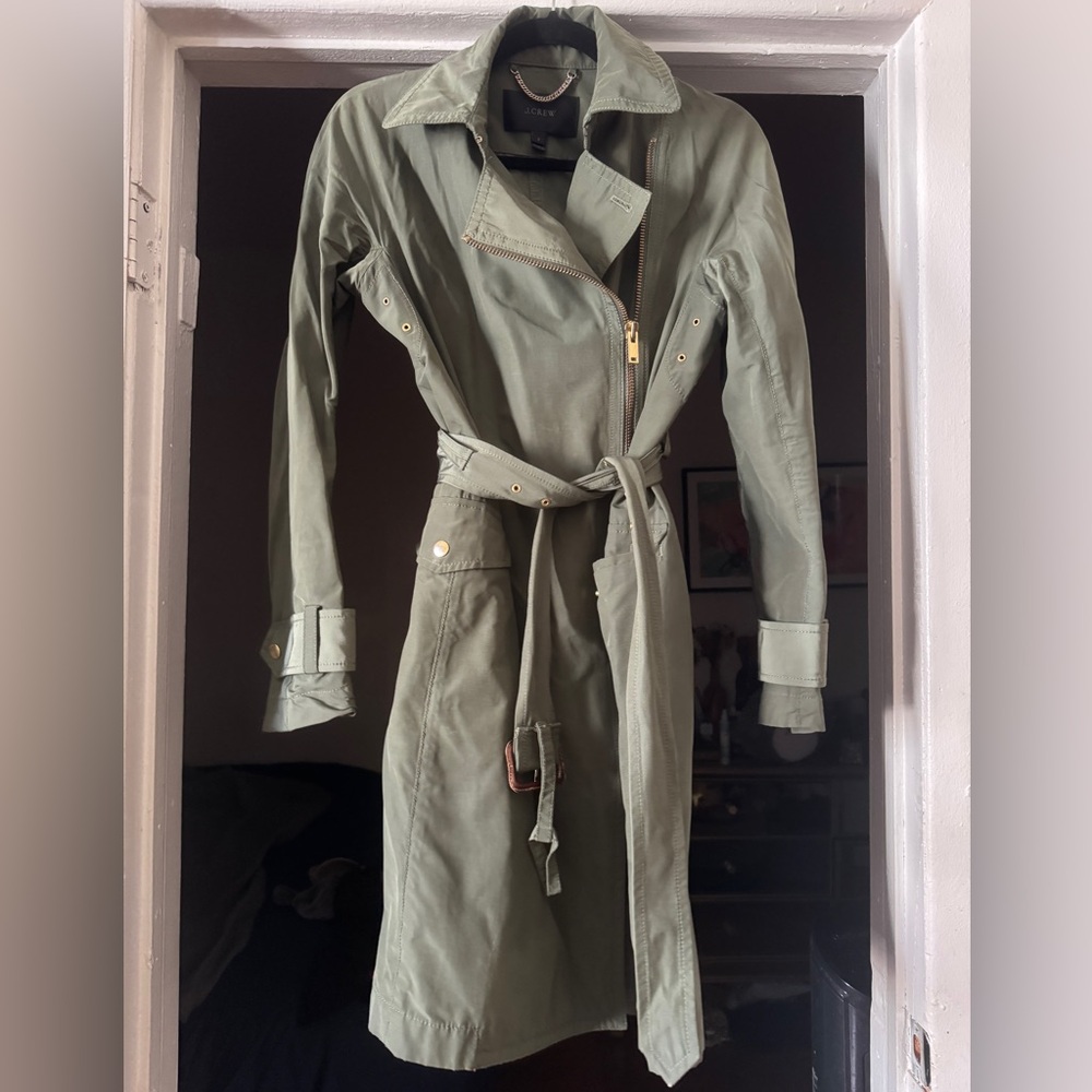 J. Crew Trench Coat Green Full Gold Zipper Belted Flap Pockets Women's size 2